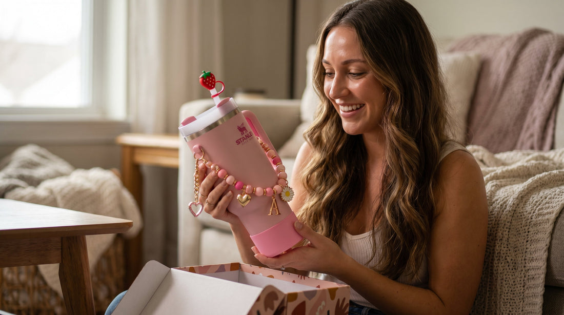 Aesthetic pastel tumbler styled with a fuzzy flower straw topper charm and a matching pink cross-body cup pouch bag. Pink travel tumbler with custom silicone straw topper charm and hands-free drinkware storage bag accessory