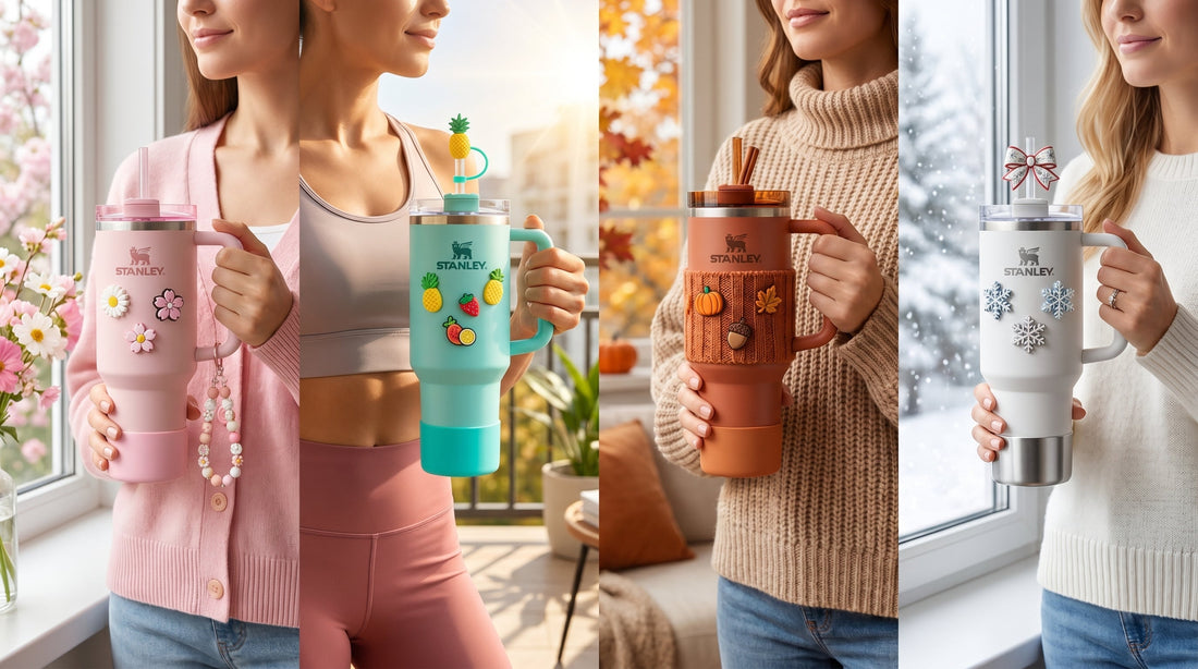 Custom styled insulated tumbler featuring a matching protective silicone boot, clear straw, and an aesthetic initial letter charm hanging from the handle.