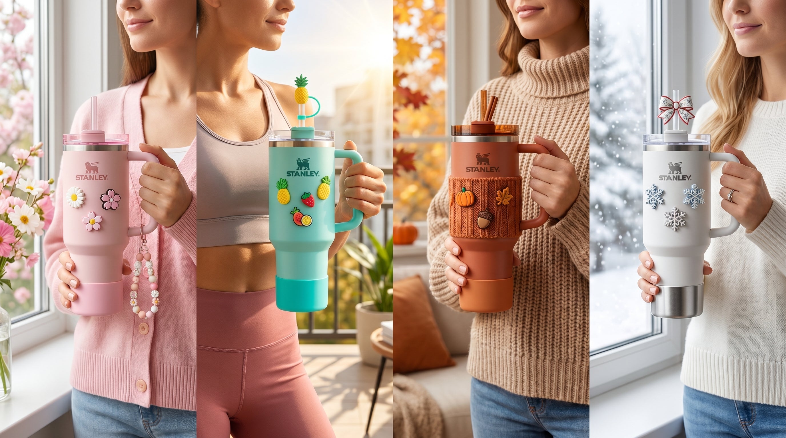 Custom styled insulated tumbler featuring a matching protective silicone boot, clear straw, and an aesthetic initial letter charm hanging from the handle.