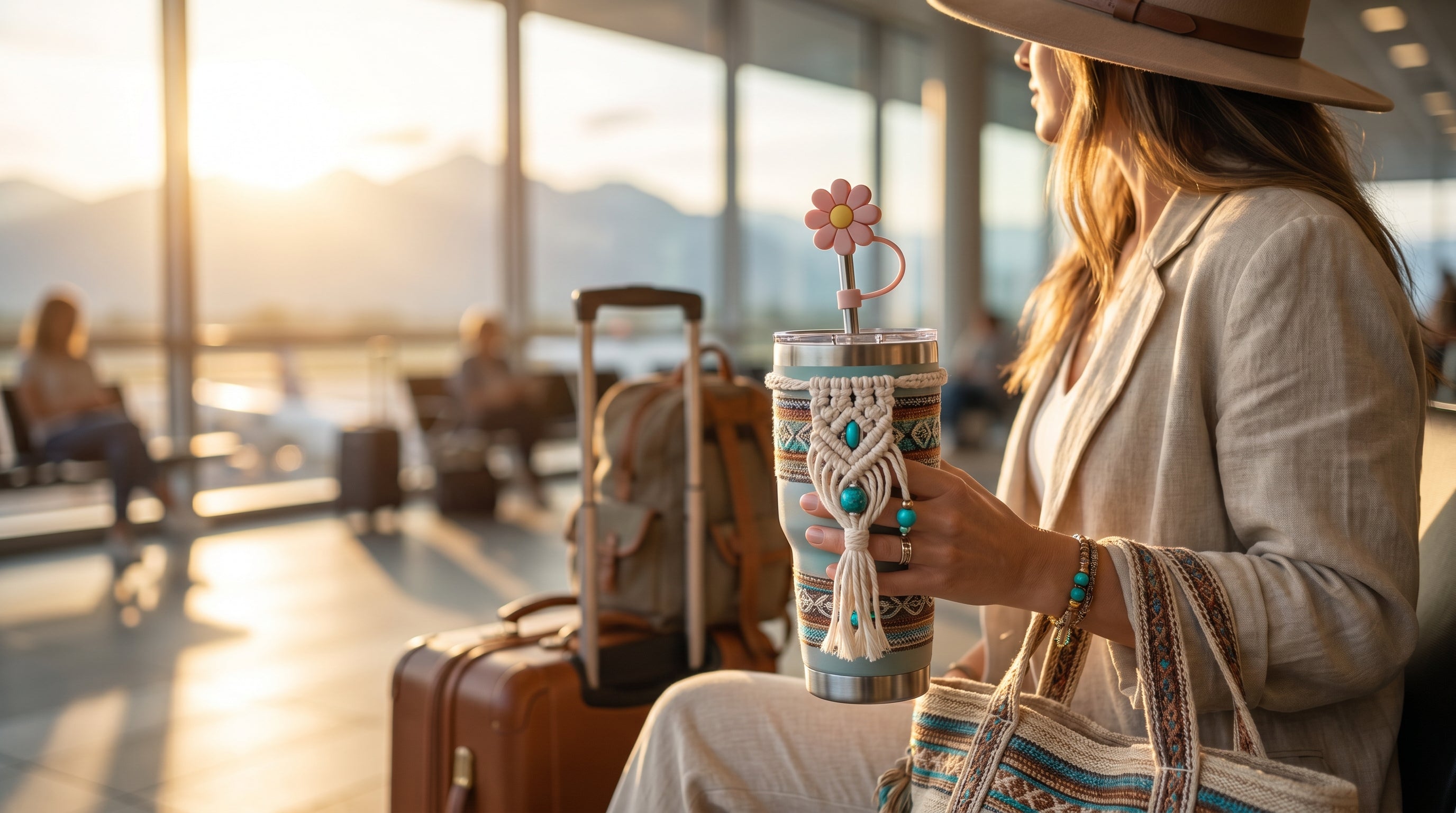 Close-up of a trendy Stanley tumbler decorated with macrame tumbler sleeve, dangling turquoise charms, and a pink daisy straw topper. Woman traveling with her fully accessorized tumbler at the airport.