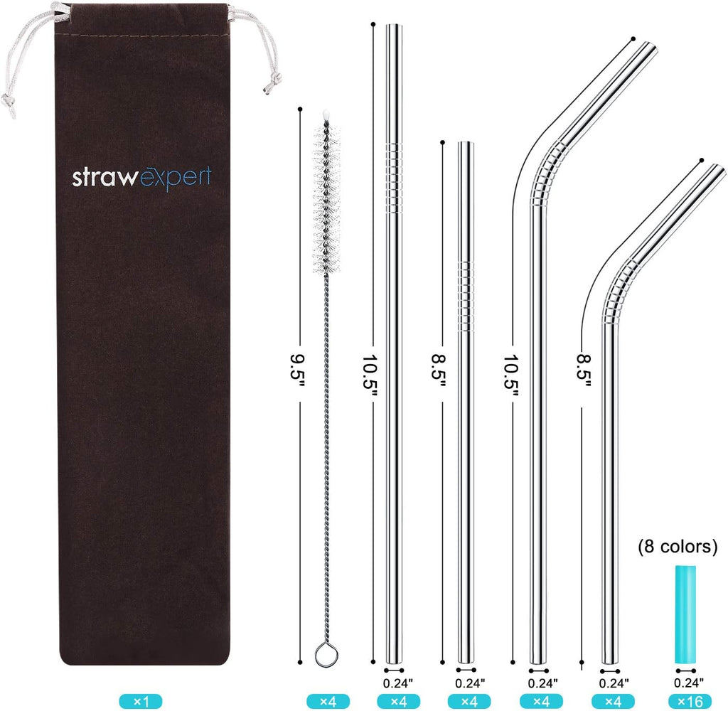 Set of 16 Reusable Stainless Steel Straws with Travel Case Cleaning Brush Silicone Tips Eco Friendly Extra Long Metal Straws Drinking for 20 24 30 Oz Tumbler, Silver