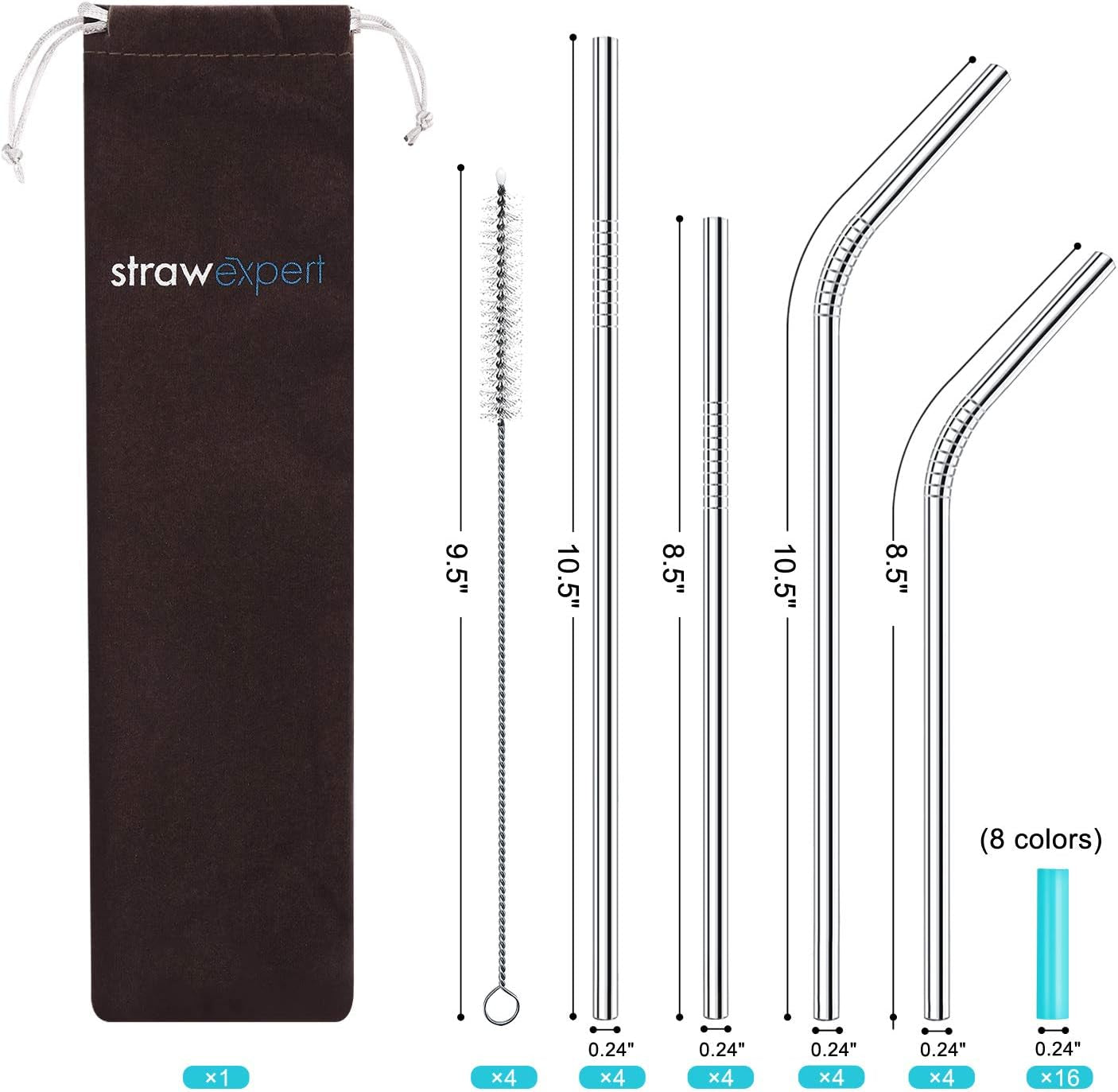 Set of 16 Reusable Stainless Steel Straws with Travel Case Cleaning Brush Silicone Tips Eco Friendly Extra Long Metal Straws Drinking for 20 24 30 Oz Tumbler, Silver