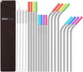 Set of 16 Reusable Stainless Steel Straws with Travel Case Cleaning Brush Silicone Tips Eco Friendly Extra Long Metal Straws Drinking for 20 24 30 Oz Tumbler, Silver