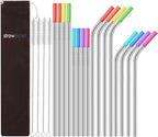 Set of 16 Reusable Stainless Steel Straws with Travel Case Cleaning Brush Silicone Tips Eco Friendly Extra Long Metal Straws Drinking for 20 24 30 Oz Tumbler, Silver