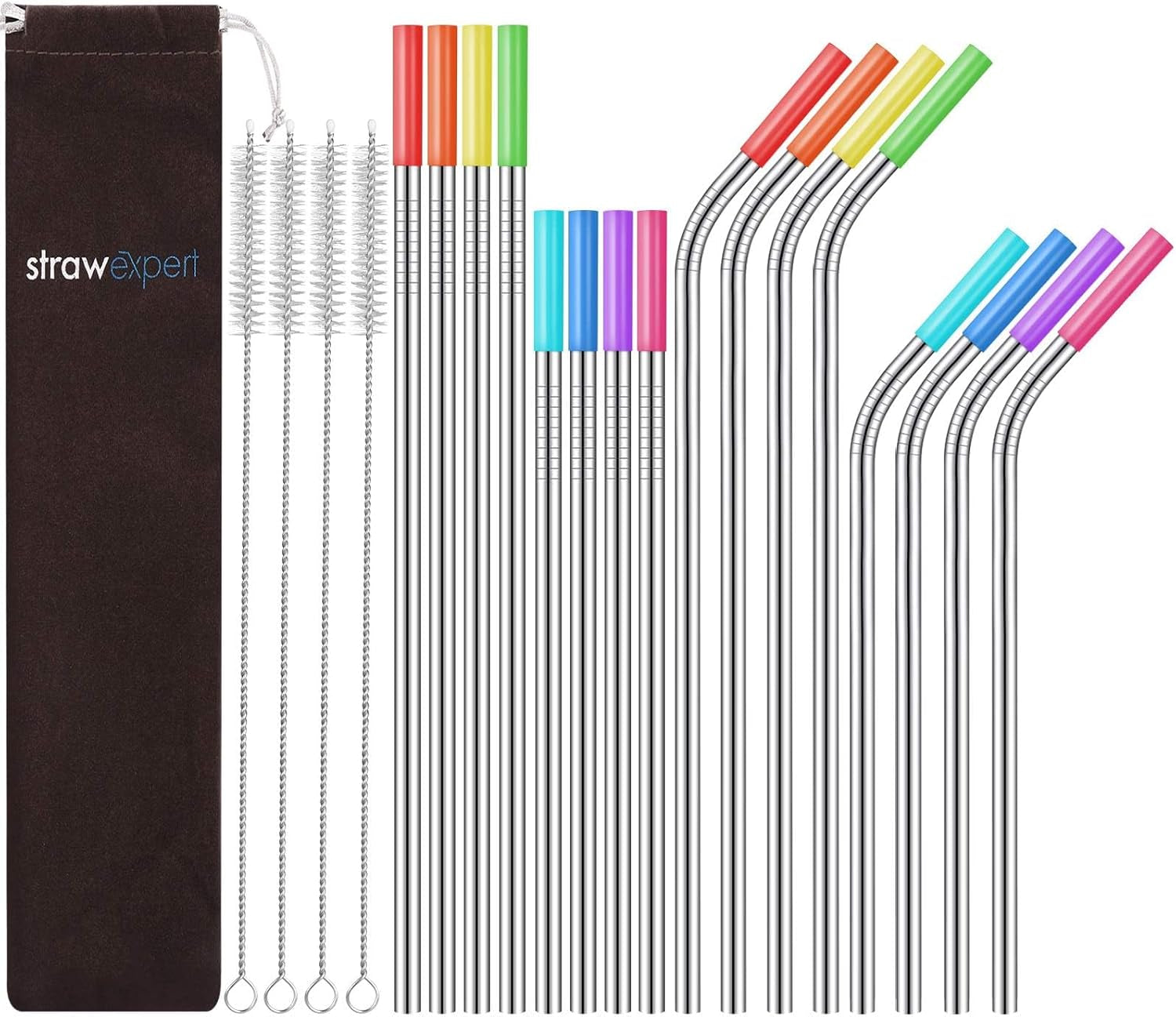 Set of 16 Reusable Stainless Steel Straws with Travel Case Cleaning Brush Silicone Tips Eco Friendly Extra Long Metal Straws Drinking for 20 24 30 Oz Tumbler, Silver
