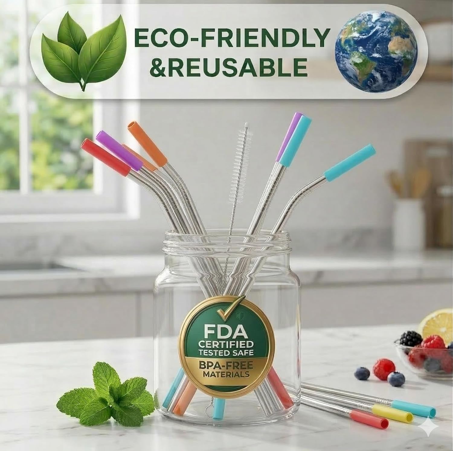 Set of 16 Reusable Stainless Steel Straws with Travel Case Cleaning Brush Silicone Tips Eco Friendly Extra Long Metal Straws Drinking for 20 24 30 Oz Tumbler, Silver