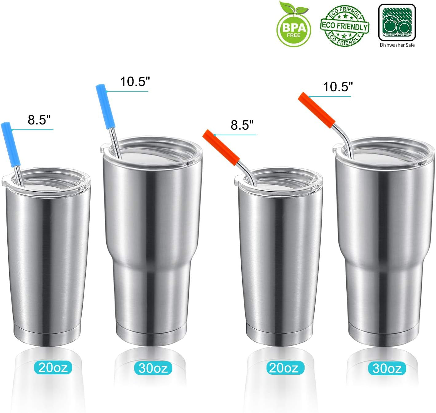 Set of 16 Reusable Stainless Steel Straws with Travel Case Cleaning Brush Silicone Tips Eco Friendly Extra Long Metal Straws Drinking for 20 24 30 Oz Tumbler, Silver