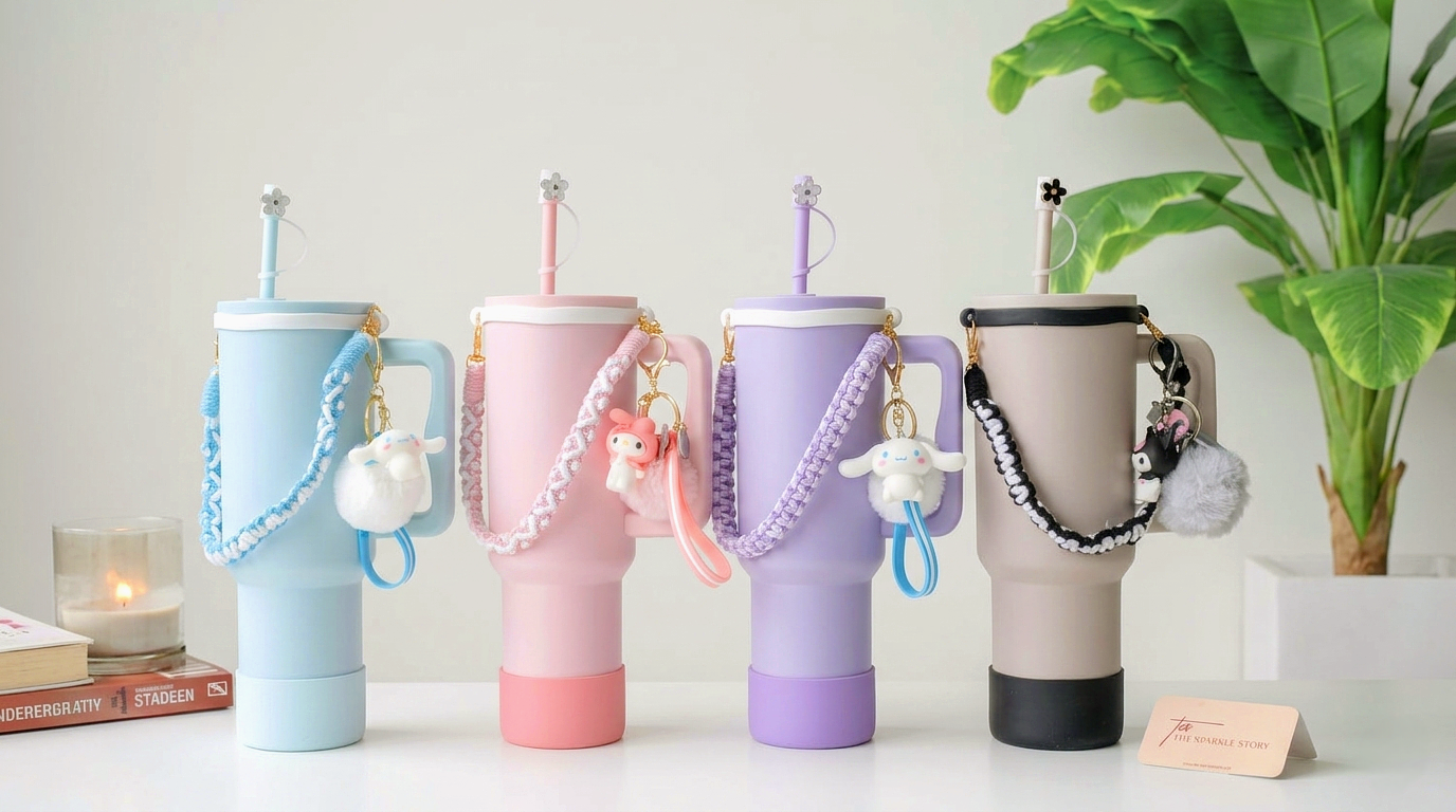 Four colorful tumblers with decorative elements on a white surface.