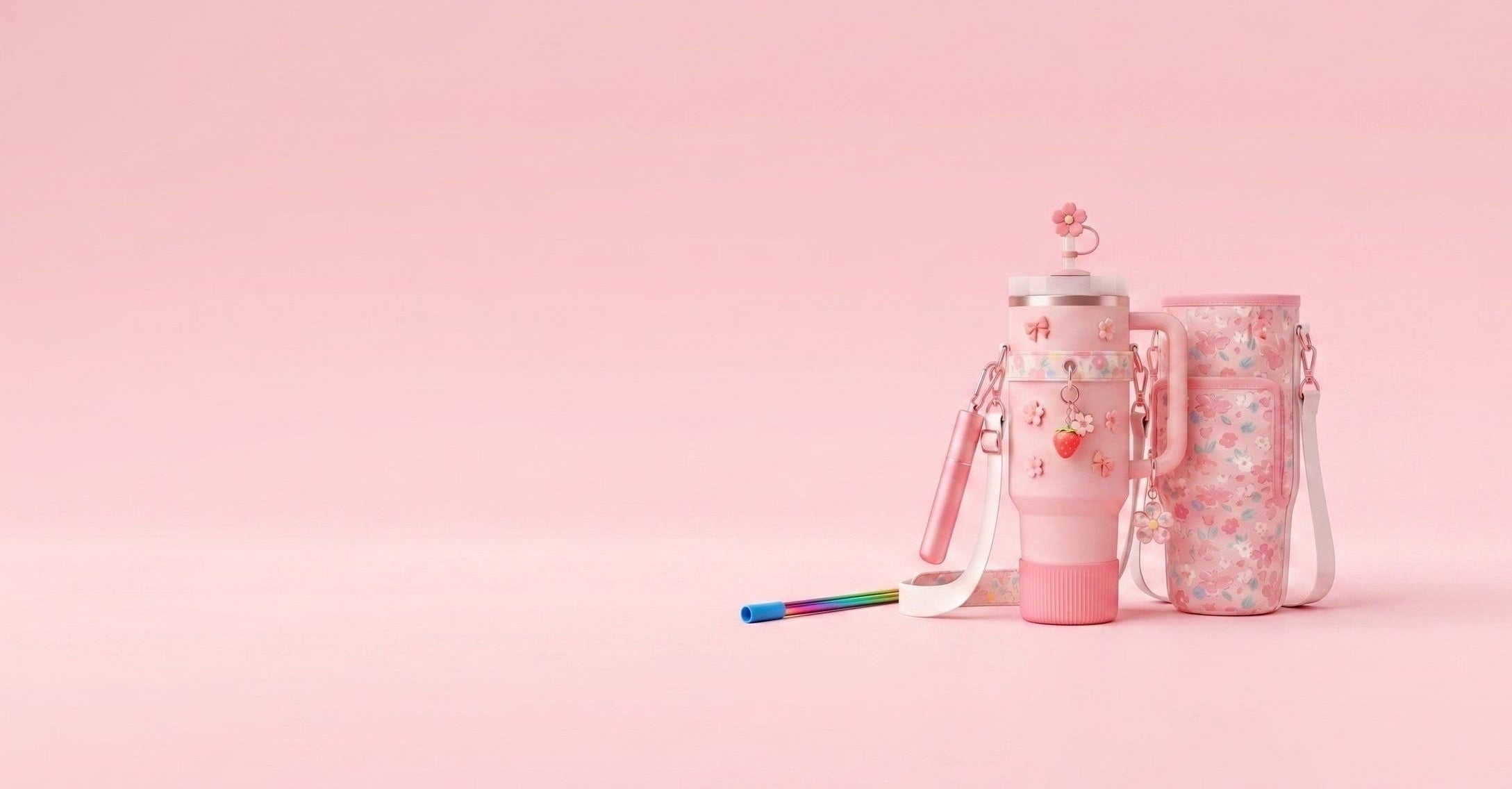 Pink tumbler with floral design carrier bag and other drinkware accessories on a pink background.